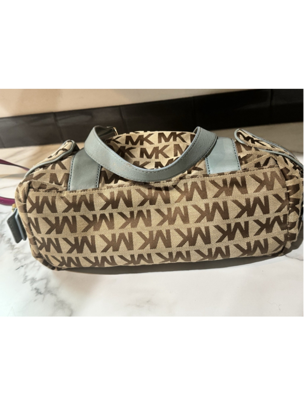 MICHAEL KORS monogram Beige Blue Teal jacquard LARGE satchel Y2K EUC Purse Bag - Picture 5 of 11